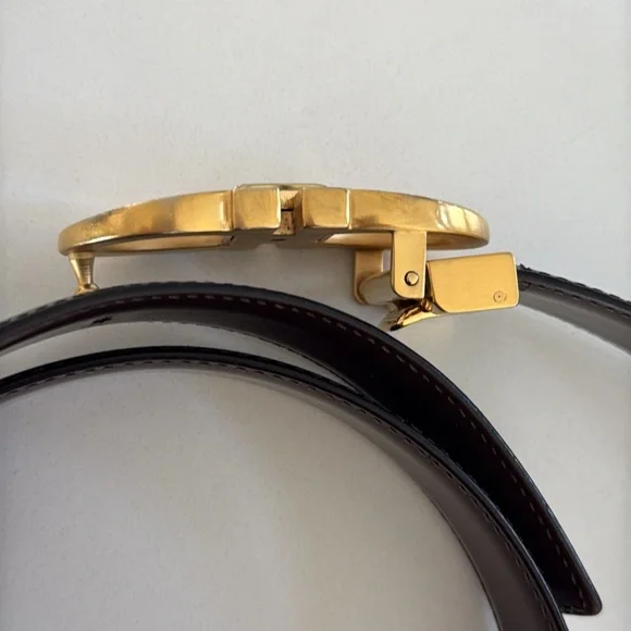 Salvatore Ferragamo Gold Dark Brown Leather Gancini Belt size 40”